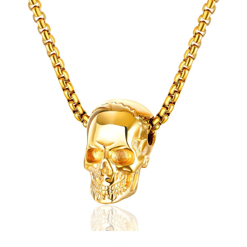 Fusamk Punk Rapper Stainless Steel Skull Head Pendant Necklace(Black) - Image 1